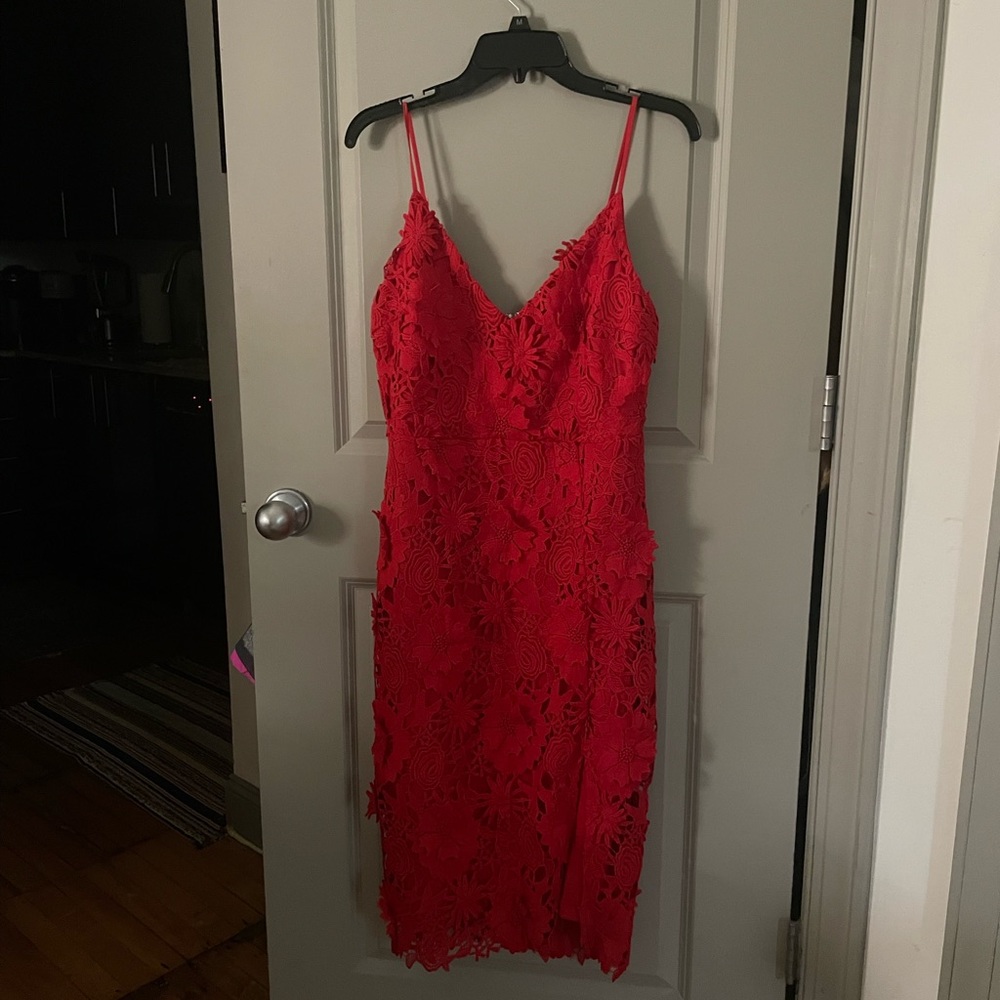 Bright Red Lace Midi Dress
